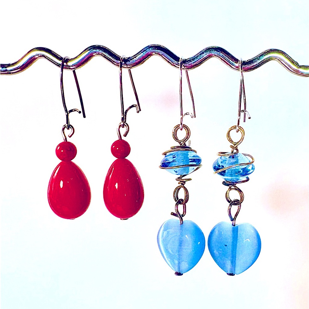 Earrings Pierced Handmade Unique Red Glass Beads Oval + Round & Blue Glass Heart